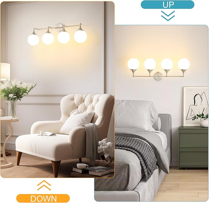 Brushed Nickel Bathroom Light Fixtures Over Mirror Vanity 4-Light | Mid Century Modern Brushed Nicke Wall Sconce with Milky White Glass Ball Shades for for Bathroom Dressing Table Bedroom