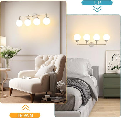 Brushed Nickel Bathroom Light Fixtures Over Mirror Vanity 4-Light | Mid Century Modern Brushed Nicke Wall Sconce with Milky White Glass Ball Shades for for Bathroom Dressing Table Bedroom
