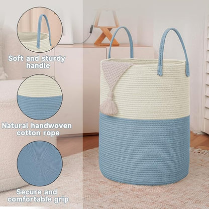 JMvicyroam 80L Cotton Rope Laundry Basket Hamper, White and Blue | Collapsible laundry basket, reinforced handles, freestanding, machine washable, holds 3-5 thick blankets, clothes or toys