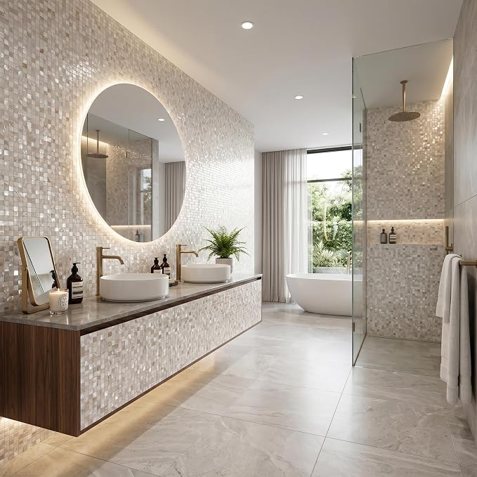 Natural Mother of Pearl Peel and Stick Mosaic Wall Tiles 10 Pack | 12×12" Self-adhesive Peel and Stick Shower Tile Waterproof, Stick on Wall Panels, Shell Backsplash Tiles for Kitchen Bathroom