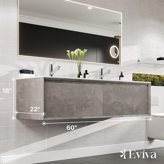 Eviva Aurora 60 in. Concrete Gray Wall Mount Double Sink Bath Vanity with Carrara Quartz Top