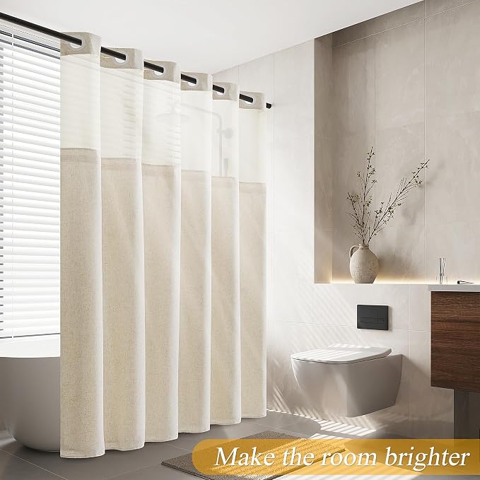 Jowels No Hooks Natural Linen Fabric Shower Curtains for Bathroom 75 Inches | Linen Shower Curtains for Bathroom,Weighted Waterproof Washable Cloth with Liner Set,Mesh Top Window,Hotel Boho Luxury Decor