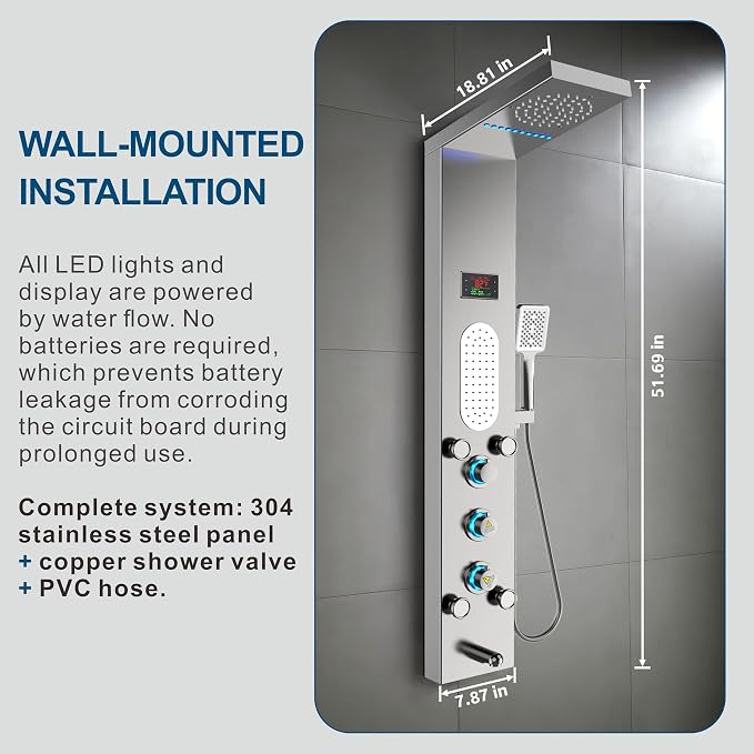ELLO&ALLO LED Shower Panel Tower System, Rainfall and Mist Shower Head Rain Massage with Body Jets, Brushed Nickel