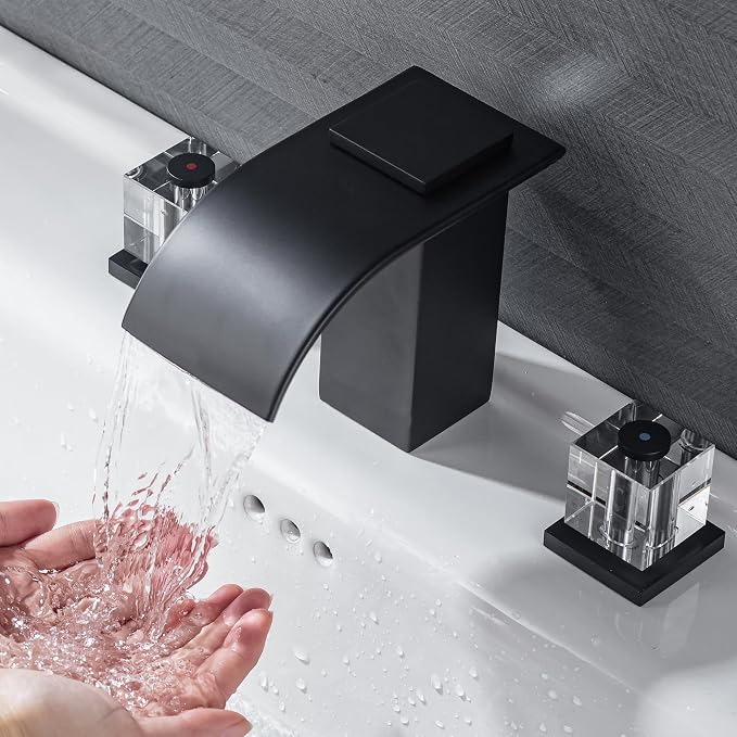 Matte Black Waterfall Bathroom Faucet 3 Hole Widespread Sink Faucet with Crystal Handles, Modern Bathroom Sink Faucet, 2 Handle Deck Mount Lavatory Faucet for Vanity Sink