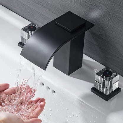 Matte Black Waterfall Bathroom Faucet 3 Hole Widespread Sink Faucet with Crystal Handles, Modern Bathroom Sink Faucet, 2 Handle Deck Mount Lavatory Faucet for Vanity Sink