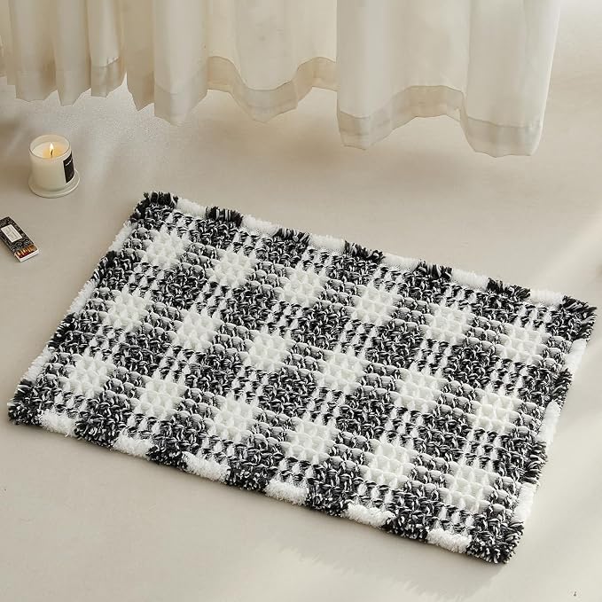 TYUU Waffle Bath Mat, Small Boho Bathroom Rugs Non Slip 24x16 Black & White | Super Absorbent Quick Dry Bath Rug, Non-Slip Backing, Soft Waffle Washable Farmhouse Bathroom Mats, Tub, Shower & Home Decor
