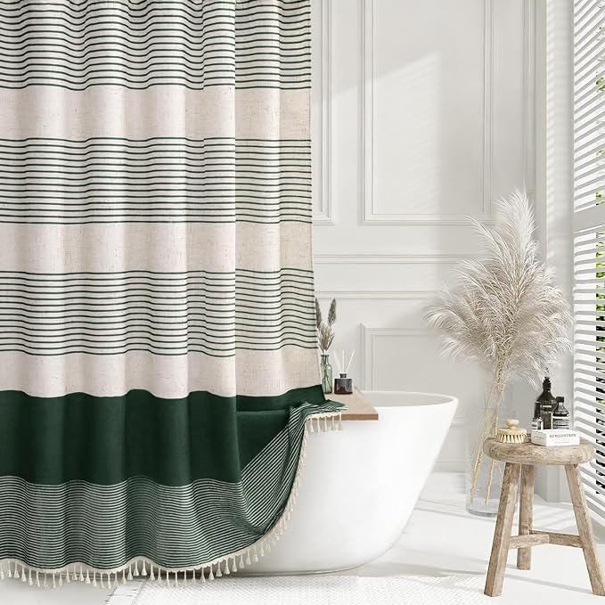 Dark Green Boho Linen Striped Shower Curtain with Tassel 72"W X 72"L | Boho Farmhouse Shower Curtains with Linen Texture for Bathroom Decor