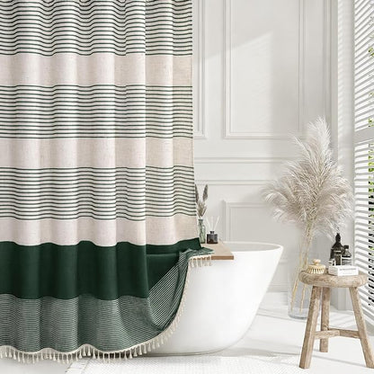 Dark Green Boho Linen Striped Shower Curtain with Tassel 72"W X 72"L | Boho Farmhouse Shower Curtains with Linen Texture for Bathroom Decor