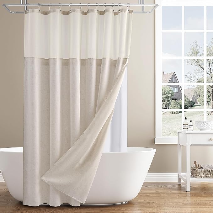 Extra Long Linen Shower Curtain 84 Inches Cream Double Layer | 7ft, Curtains with Hook for Bathroom, Snap in Liner, Water Repellent, Boho Farmhouse, Modern Bath Decor, 1 Panel, 72x84