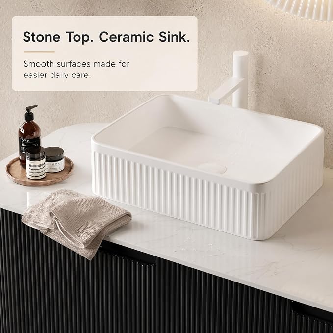 48 Inch Bathroom Vanity with Sink, Floating Wall Mounted Single Sink Vanity, Black Curved Fluted Front, Stone Top, White Textured Rectangular Vessel Basin, Pre-Assembled