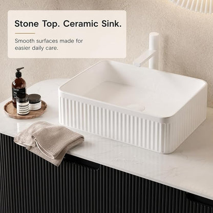 48 Inch Bathroom Vanity with Sink, Floating Wall Mounted Single Sink Vanity, Black Curved Fluted Front, Stone Top, White Textured Rectangular Vessel Basin, Pre-Assembled
