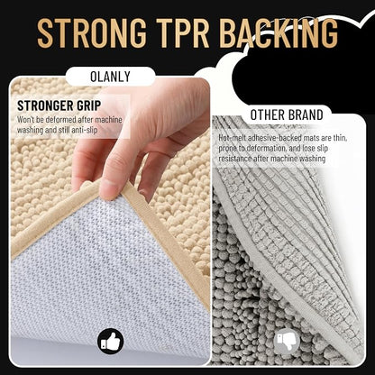 OLANLY Thick Large Bathroom Rugs 40x24, Soft Chenille Bath Rugs, Beige | Absorbent Striped, Rubber Backing, Machine Wash Dry, Bath Mats for Bathroom Floor, Tub and Shower, Home Decor Accessories