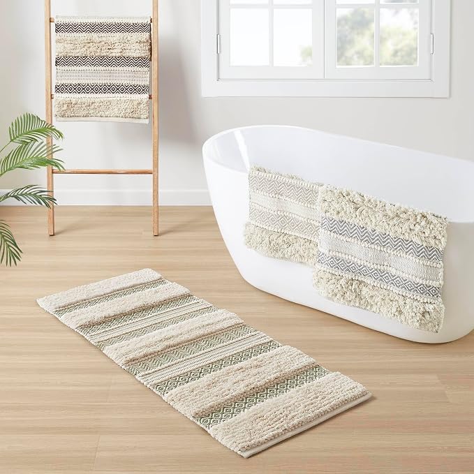 Ink+Ivy Asher Non-Slip Bath Rug Absorbent Quick Dry, 22 x 58, Sage Green | Soft Pile, Machine Washable, Striped Pattern, Boho, OEKO-TEX Certified, Hand-Woven Texture, for Bathroom, Shower Room