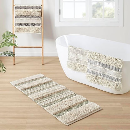 Ink+Ivy Asher Non-Slip Bath Rug Absorbent Quick Dry, 22 x 58, Sage Green | Soft Pile, Machine Washable, Striped Pattern, Boho, OEKO-TEX Certified, Hand-Woven Texture, for Bathroom, Shower Room