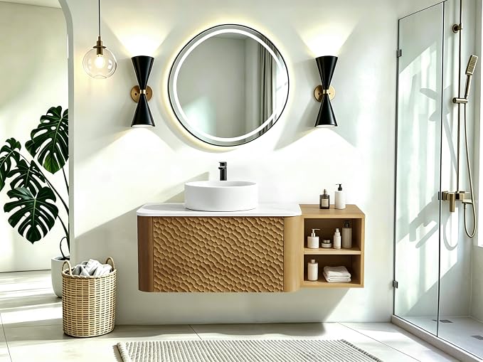 42 Inch Modern Bathroom Vanity with Ceramic Sink, Floating Bathroom Sink Cabinet with Sintered Stone Top&Solid Wood Hammered Frame, Single Bathroom Vanities w/Soft-Close Drawer&Side Open Cube