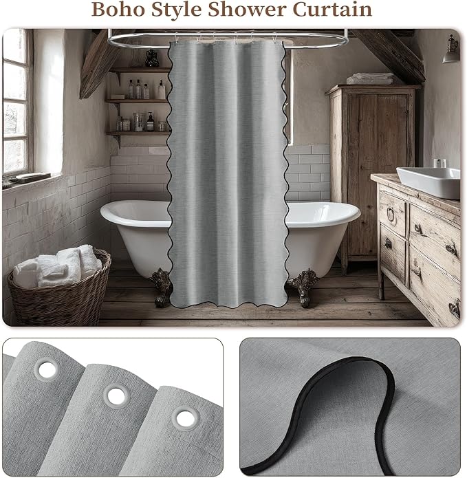 BTTN Boho Stall Shower Curtain, Small Scalloped Linen Textured Heavy Duty Fabric Shower Curtain Set with 6 Hooks, Half Modern Neutral Waterproof Washable Shower Curtain for Bathroom, 36x72, Grey/Gray