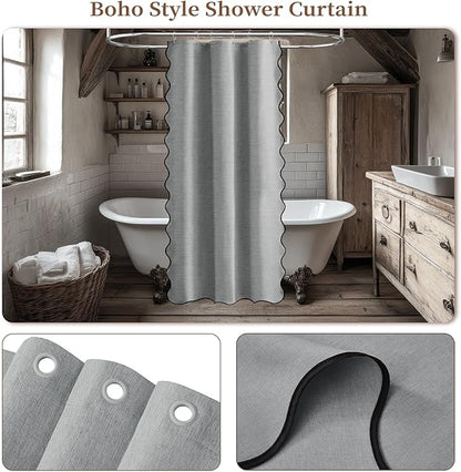 BTTN Boho Stall Shower Curtain, Small Scalloped Linen Textured Heavy Duty Fabric Shower Curtain Set with 6 Hooks, Half Modern Neutral Waterproof Washable Shower Curtain for Bathroom, 36x72, Grey/Gray