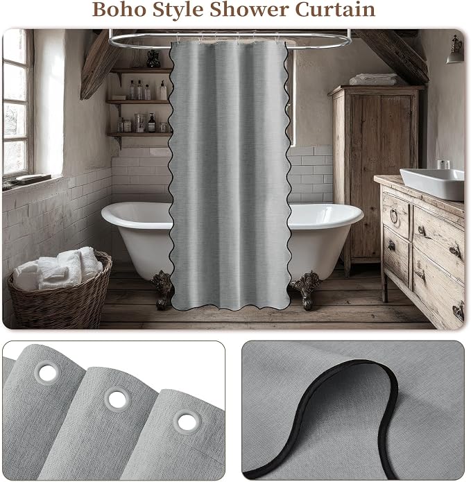 BTTN Boho Scalloped Linen Textured Cloth Shower Curtain, 60x84, Grey/Gray | Narrow Long Size, 230GSM Waterproof Polyester, Heavy Duty Fabric, 10 Plastic Hooks, Modern Farmhouse Style, Machine Washable