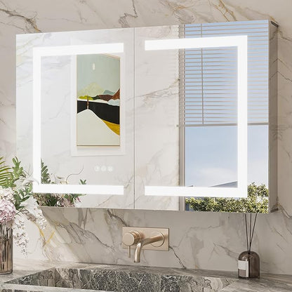 TokeShimi 36x24 Lighted Medicine Cabinet Mirror with Outlet, 3 Colors Dimmable Bathroom Mirror Medicine Cabinet Surface or Recessed Mount, Anti-Fog Mirror with Storage for Vanity and Modern Decor