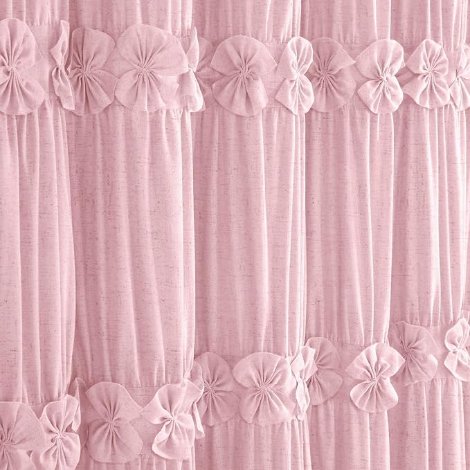Ruffle Farmhouse Linen Shower Curtain with Vintage Pink Linen 72" W x 72" H | Linen Blend Fabric, Ruffle Bow and Ruffled Hem，Linen Texture，Machine Washable，12 Metal Holes and Plastic Hooks