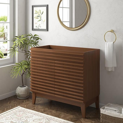36 Inch Bathroom Vanity Base Cabinet, Walnut Freestanding Bathroom Storage Cabinet Base Only, Modern Wood Grain Vanity Cabinet with Solid Wood Legs and Soft Close Doors, Sink Not Included