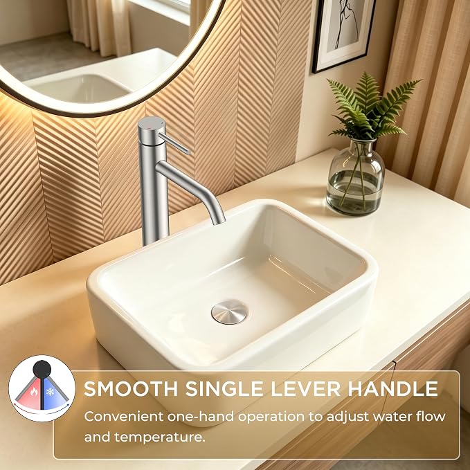 FORIOUS Vessel Tall Bathroom Faucet 1 Hole Brushed Nickel Single Handle | for 1 Hole Vessel Sink Only, Single Handle Faucet with Pop up Drain, for Basin Bowl Vanity Lavatory Residential/Commercial