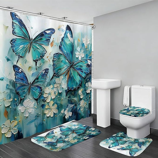 Chrainy 4pcs Green Butterfly Shower Cutain Set Bathroom Decor with Rugs | Floral Bath Accessories with Waterproof Curtain, Bath Mat, Toilet Lid Cover, U-Shaped Rug and 12 Hooks for Washroom, 71*71in