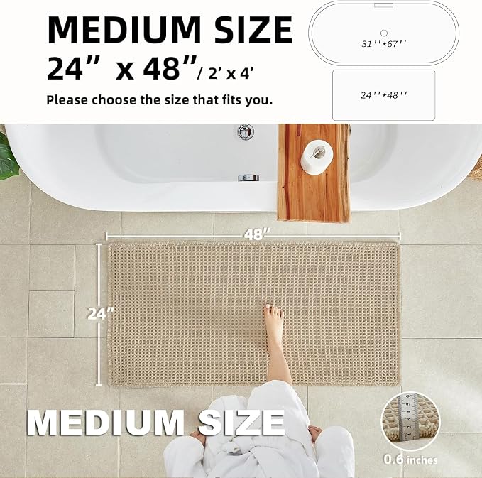 TYUU Waffle Bath Mat, Boho Bathroom Rugs Non Slip, 48x24 Pale Beige | Super Absorbent Quick Dry Bath Rug, Non-Slip Backing, Soft Waffle Washable Farmhouse Bathroom Mats, Tub, Shower & Home Decor