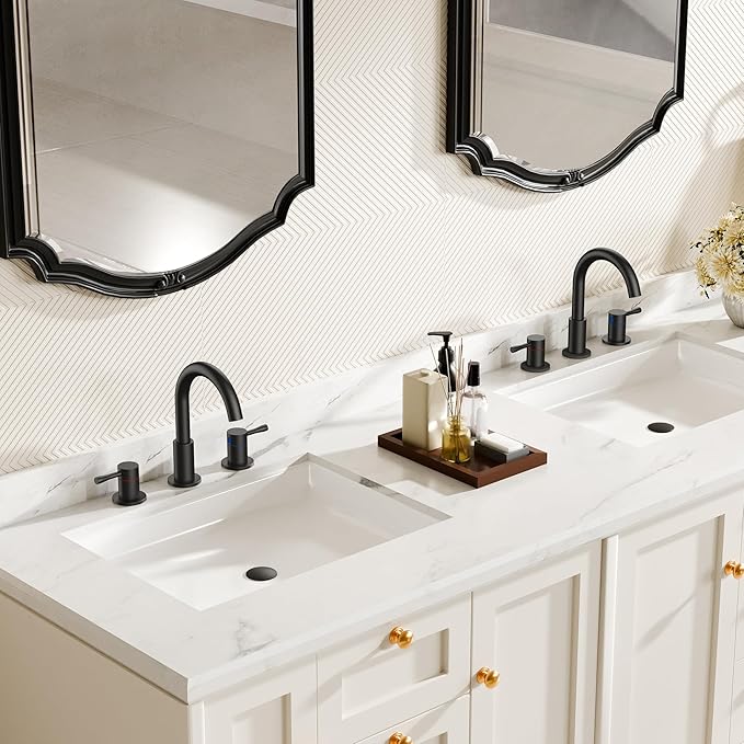 FORIOUS Black Bathroom Faucet 3 Hole, 360° Swivel 8 Inch Widespread Bathroom Sink Faucet with Deck Plate and Pop Up Drain 2 Handle Faucets for Sink, Vanity, RV, Lavatory, Farmhouse