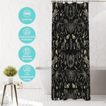 Black Gold Gothic Skeleton Skull Shower Curtain Set 72x84 Inches | Black Gold Gothic Skeleton Skull Print, Western Spooky Housewarming Gothic Lover Guest Bathroom Decor, With Hooks