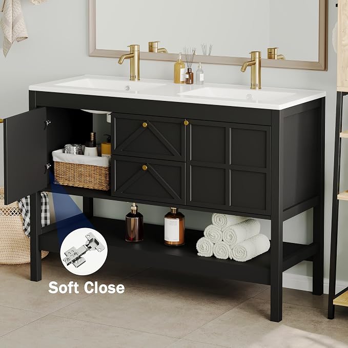 Bathroom Vanity with Double Sink Set, 48 Inch Pedestal Sink Storage Cabinet with 2 Drawers & 2 Doors, Mid-Century Modern Bathroom Vanity with Open Bottom Shelf, Black