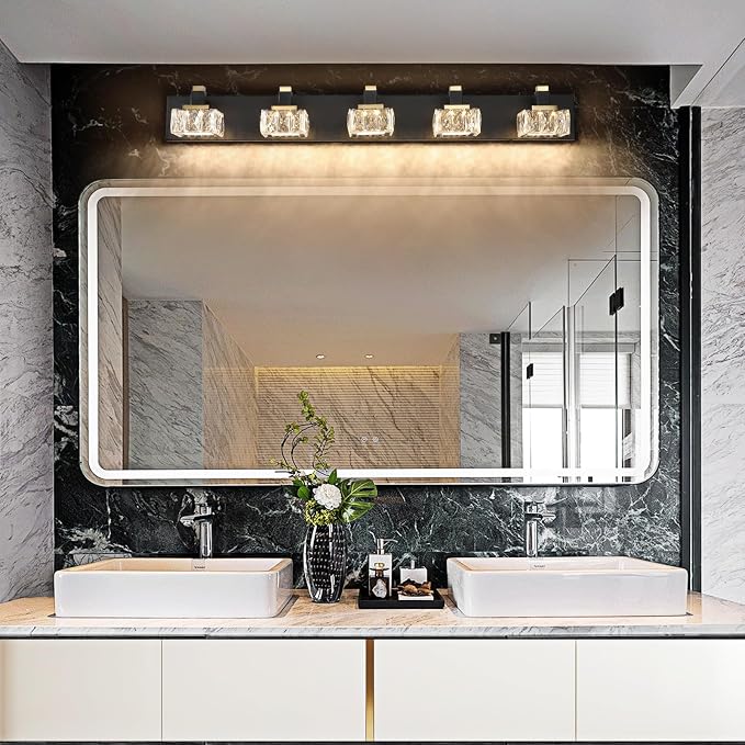 SineRise Bathroom Vanity Lights Over Mirror,5-Light Dimmable 5CCT Led Vanity Lights Black Gold Crystal Wall Sconce Lighting 40 inches Modern Vanity Light for Bathroom,Bedroom,Living Room(3000K-6000K)