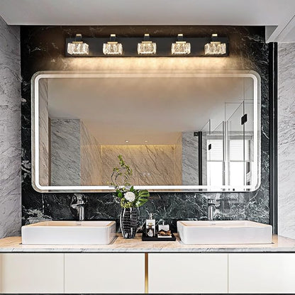 SineRise Bathroom Vanity Lights Over Mirror,5-Light Dimmable 5CCT Led Vanity Lights Black Gold Crystal Wall Sconce Lighting 40 inches Modern Vanity Light for Bathroom,Bedroom,Living Room(3000K-6000K)