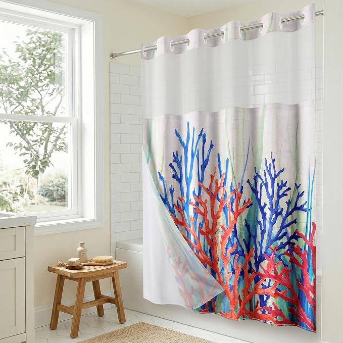 Americanflat 72x75 Hookless Shower Curtain - Water-Resistant Coral Reef Shower Curtain with Sheer Panel, Snap-in Liner, and Grommets - 100% Polyester - Cobalt Blue, Coral Red, Seafoam Green and White