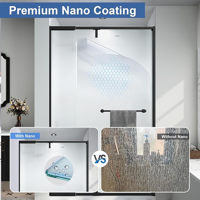 36-42" W x 72" H Frosted Pivot Shower Glass Door Matte Black | 1/4"(6mm) SGCC Tempered Glass with Explosion-Proof Film &Nano Coating,Customizable Width