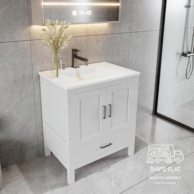 24" Bathroom Vanity Base – White Freestanding Cabinet with Bottom Drawer, Soft-Close Doors, Solid Wood Sink Base Only (No Top, 36" W x 21" D x 34.5" H)
