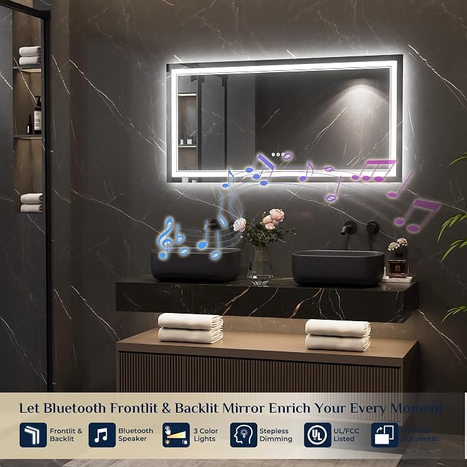 Keonjinn 48" x 24" LED Bathroom Mirror with Lights, Bluetooth Speaker | Frontlit & Backlit Bluetooth Mirror Bathroom, Dimmable 3-Color Lights, HD Tempered Glass, Anti-Fog, CRI90+, Plug-in/Hardwired