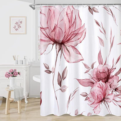 Burgundy Boho Floral Shower Curtain, Watercolor Botanical Design, 72 x 72 | Boho Floral Design, Watercolor Ink Painting Style, Botanical Flowers & Leaves, Elegant Bathroom Accent, Fabric Cloth Curtain