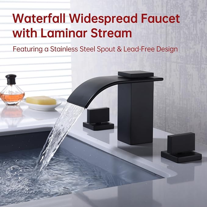 SUMERAIN Matte Black 8 Inch Widespread Waterfall Bathroom Sink Faucet | 3 Hole, 2 Handles, Modern Design, Easy DIY Installation
