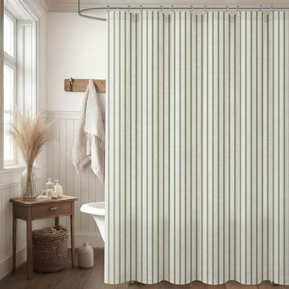 Farmhouse Striped Shower Curtain Green Vintage Linen Curtain 72"W X 84"L | Extra Long Striped Shower Curtains with Linen Texture for Bathroom Decor