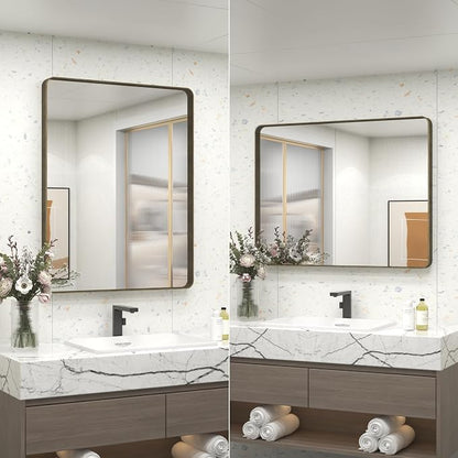 30x36 Inch Brushed Bronze Bathroom Wall Mirror | Metal Bronze Framed Mirror for Vanity, Rounded Oil Rubbed Rectangle Frame, Anti-rust, Shatterproof (Horizontal/Vertical)