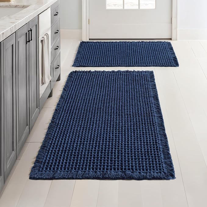MIULEE Set of 2 Waffle Bathroom Rugs Navy Blue Bath Mat 17"x24"+18"x30" | Non Slip, Super Absorbent, Washable, Ultra Soft, Rubber Backed, Small Boho Bath Rugs for Bathroom Floor Tub Shower