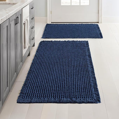 MIULEE Set of 2 Waffle Bathroom Rugs Navy Blue Bath Mat 17"x24"+20"x32" | Non Slip, Super Absorbent, Washable, Ultra Soft, Rubber Backed Bath Rugs for Bathroom Floor Tub Shower, Boho Decor