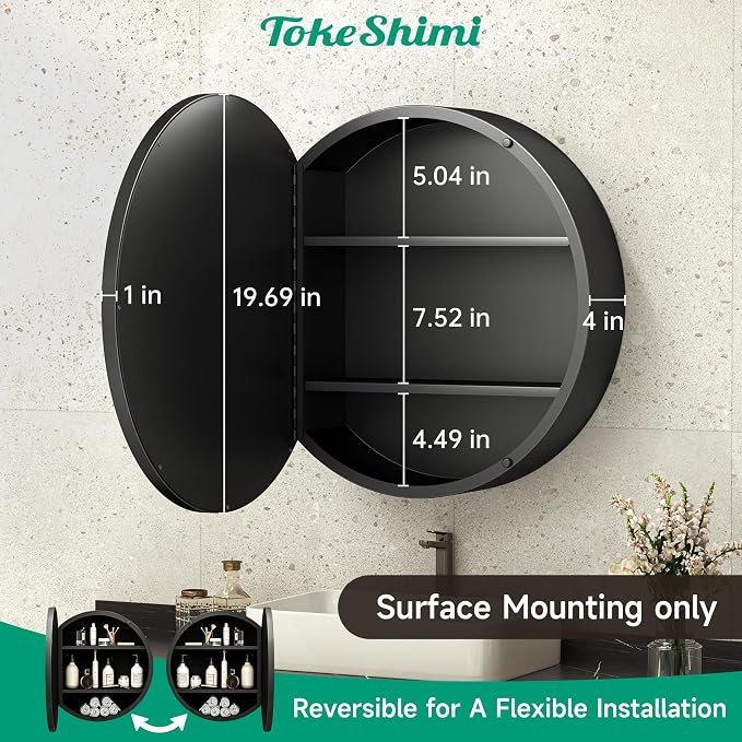 TokeShimi 20 x 20 Round Medicine Cabinet with Mirror, Black Circle Medicine Cabinet for Bathroom with Metal Frame, Detachable Shelves, Shatterproof, Surface Mount Only