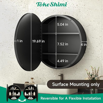 TokeShimi 20 x 20 Round Medicine Cabinet with Mirror, Black Circle Medicine Cabinet for Bathroom with Metal Frame, Detachable Shelves, Shatterproof, Surface Mount Only