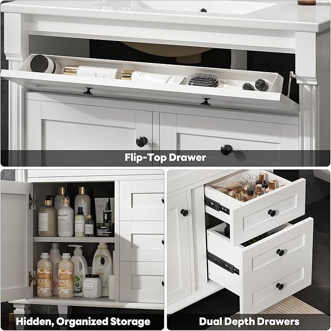 LIKIMIO 36 Inch Bathroom Vanity with Sink, Towel Holder & Adjustable Solid Wood Legs for Uneven Floor, Modern Bathroom Storage Cabinet with Tip-Out Drawer, 2 Drawers & Adjustable Shelf, White
