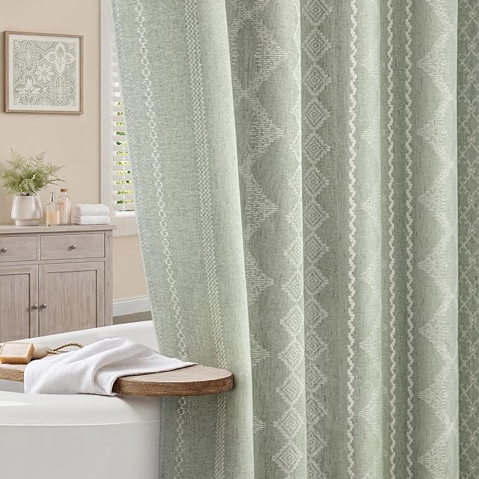 Sage Green Shower Curtain,Boho Linen Fabric for Bathroom with Beige Striped Print,72" W x 72" L