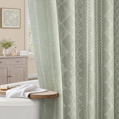 Sage Green Shower Curtain,Boho Linen Fabric for Bathroom with Beige Striped Print,72" W x 72" L
