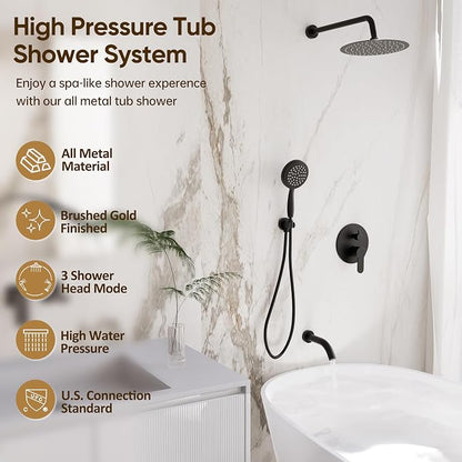 Matte Black Shower System with Tub Spout and 10-Inch Shower Head | All Metal Wall Mounted Bathroom Shower Faucet Set, High Pressure Shower Head and Handheld Combo Set Include valve and Trim