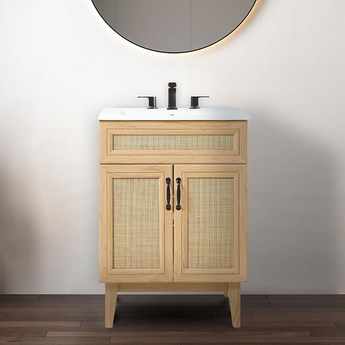 JONATHAN Y Javer Bohemian Rattan Freestanding Bath Vanity, 24", Oak | 18" Deep, 33" High, Double Soft-Close Doors, Caned Paneling, 2-Shelf Storage, Basin Not Included, Modern Farmhouse Style